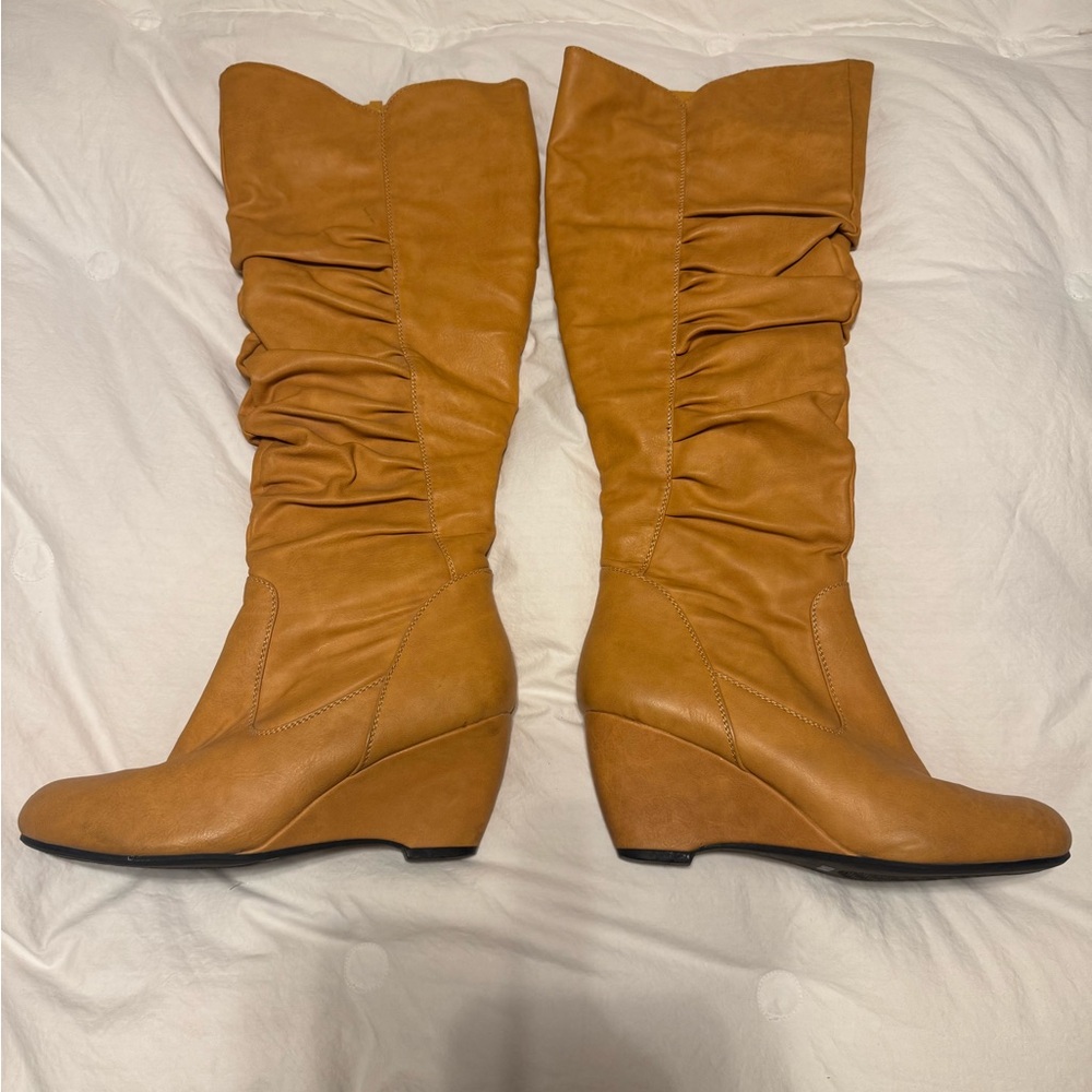 Ella Tan Wedge Shoes with Ruched Design